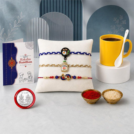 Bottle Multicolor Rakhi & Coffee Mug – Raksha Bandhan Gift Combo for Bhai (Pack of 7)