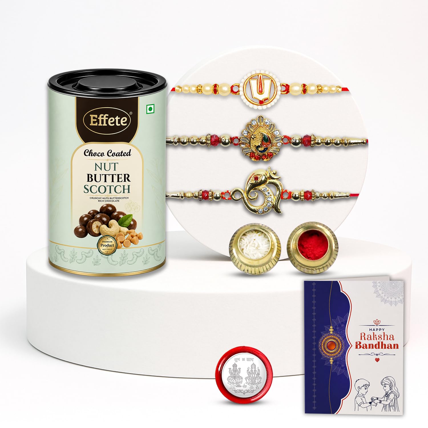 Rakhi Set for Brother (Set of 7) – Balaji, Peacock & Ganesha Rakhi Combo with Chocolate, Roli Chawal, Silver Color Pooja Coin & Greeting Card – Raksha Bandhan Hamper (K3_1049+1030+1143_CA32)