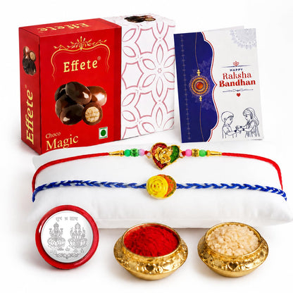 Heart Rakhi for Brother with Chocolate Magic 32gm, Roli Tikka & Card, Pack of 6