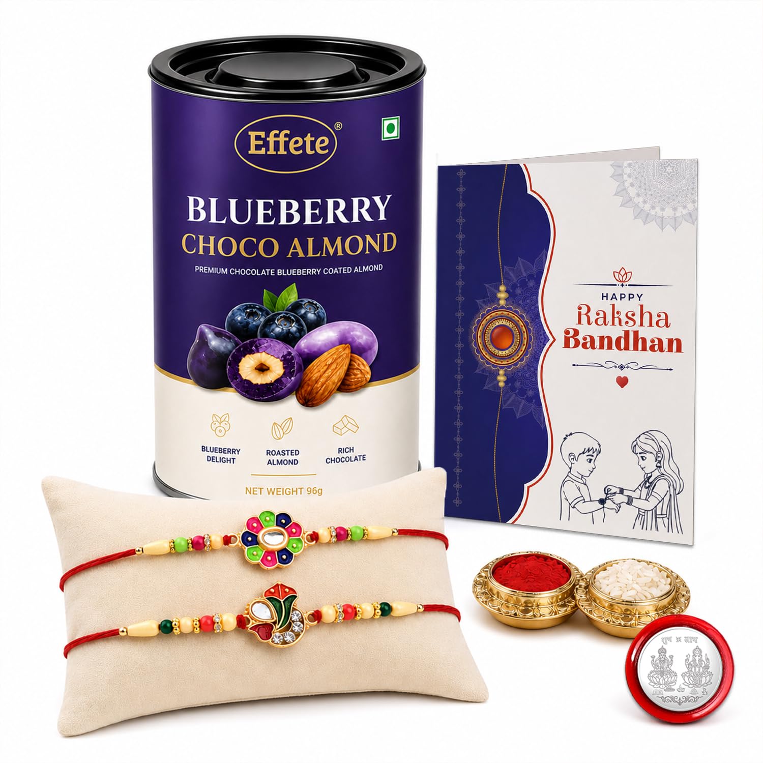 Flower Rakhi for Brother with Blueberry Almond 96gm, Coin & Card | Pack of 6