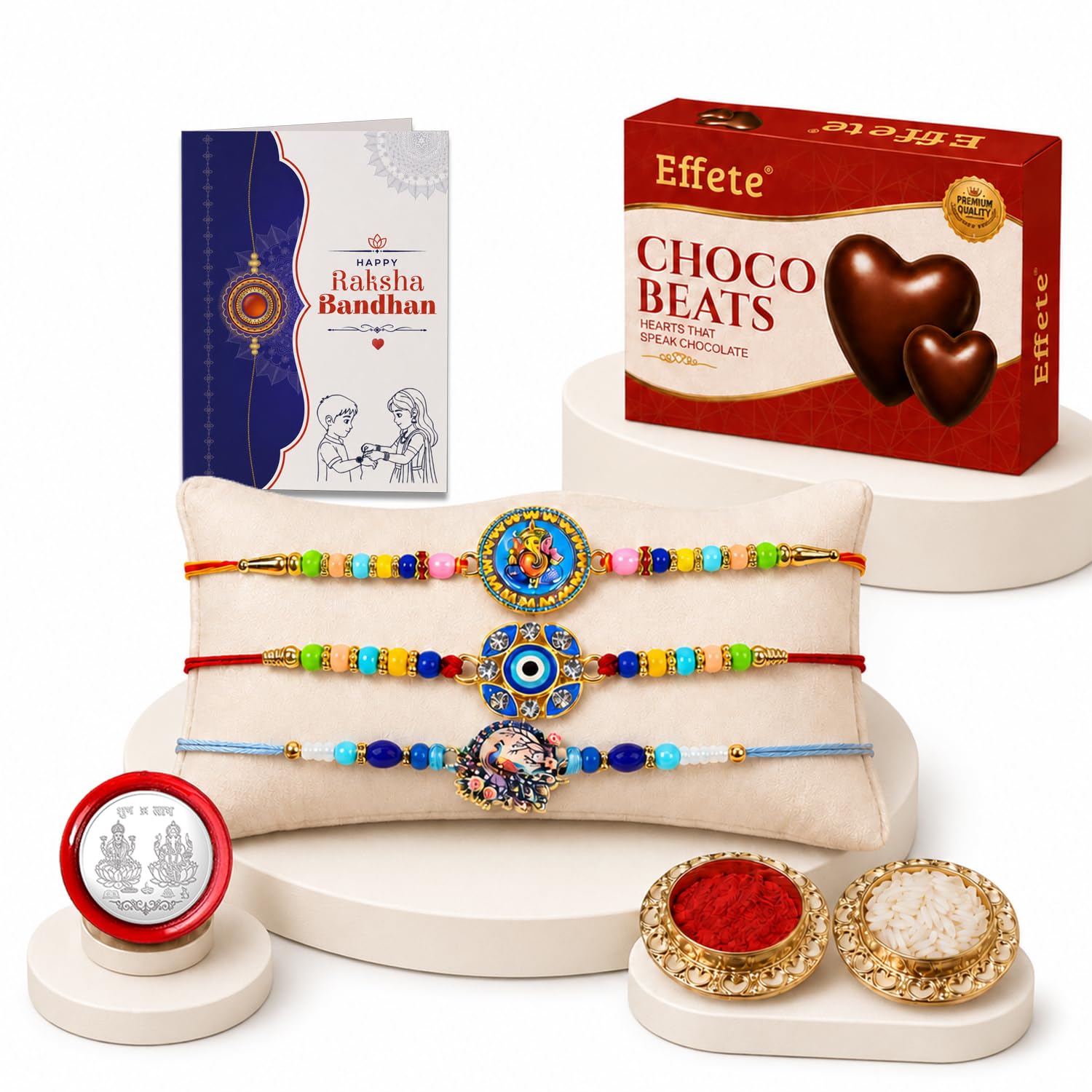 Ganesh, Evil Eye Rakhi Combo - Raksha Bandhan Gift with Choco Beats 32gm, Pack of 7