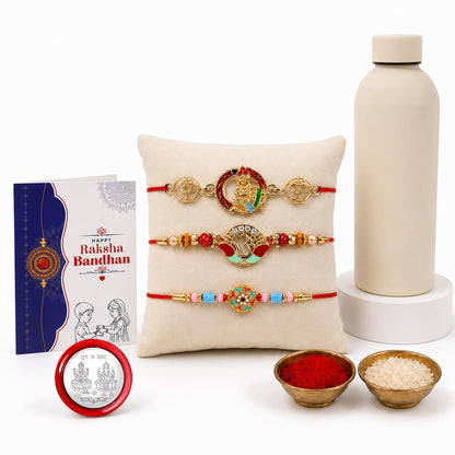 Om, Flower Rakhi Combo - Raksha Bandhan Gift with SS Water Bottle 500ml, Pack of 7