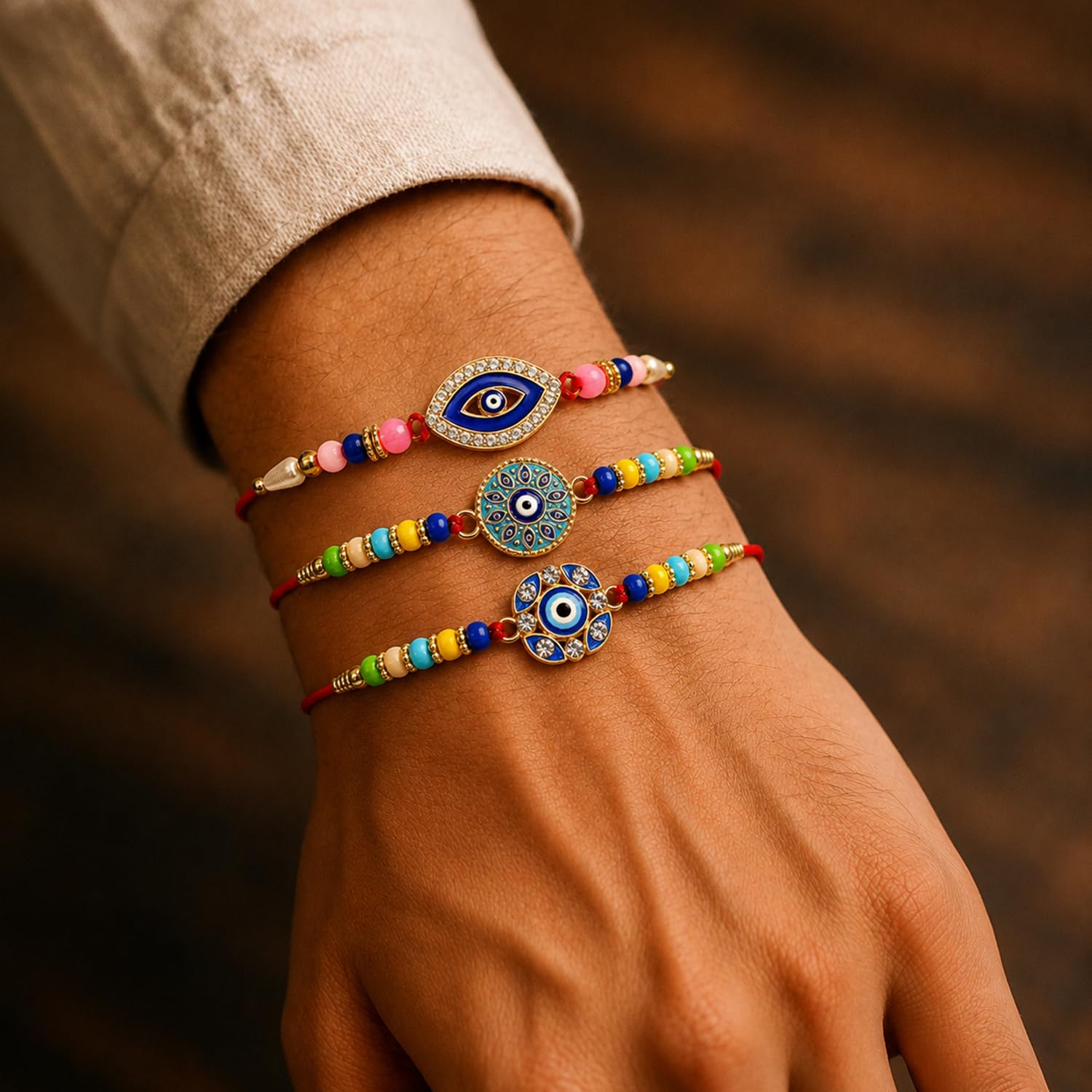 Designer Trendy Multicolor Evil Eye Rakhi for Brother with Roli Tikka, Pack of 6