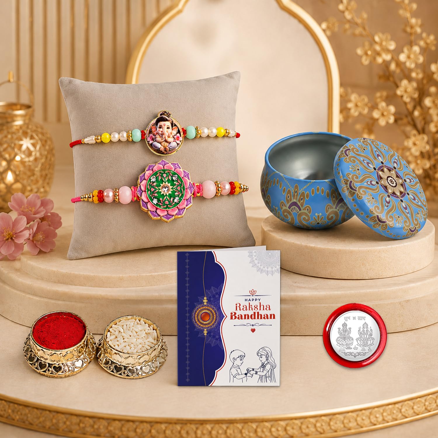 Multicolor Little Ganesha & Round Floral Lotus Rakhi for Brother | Pack of 6