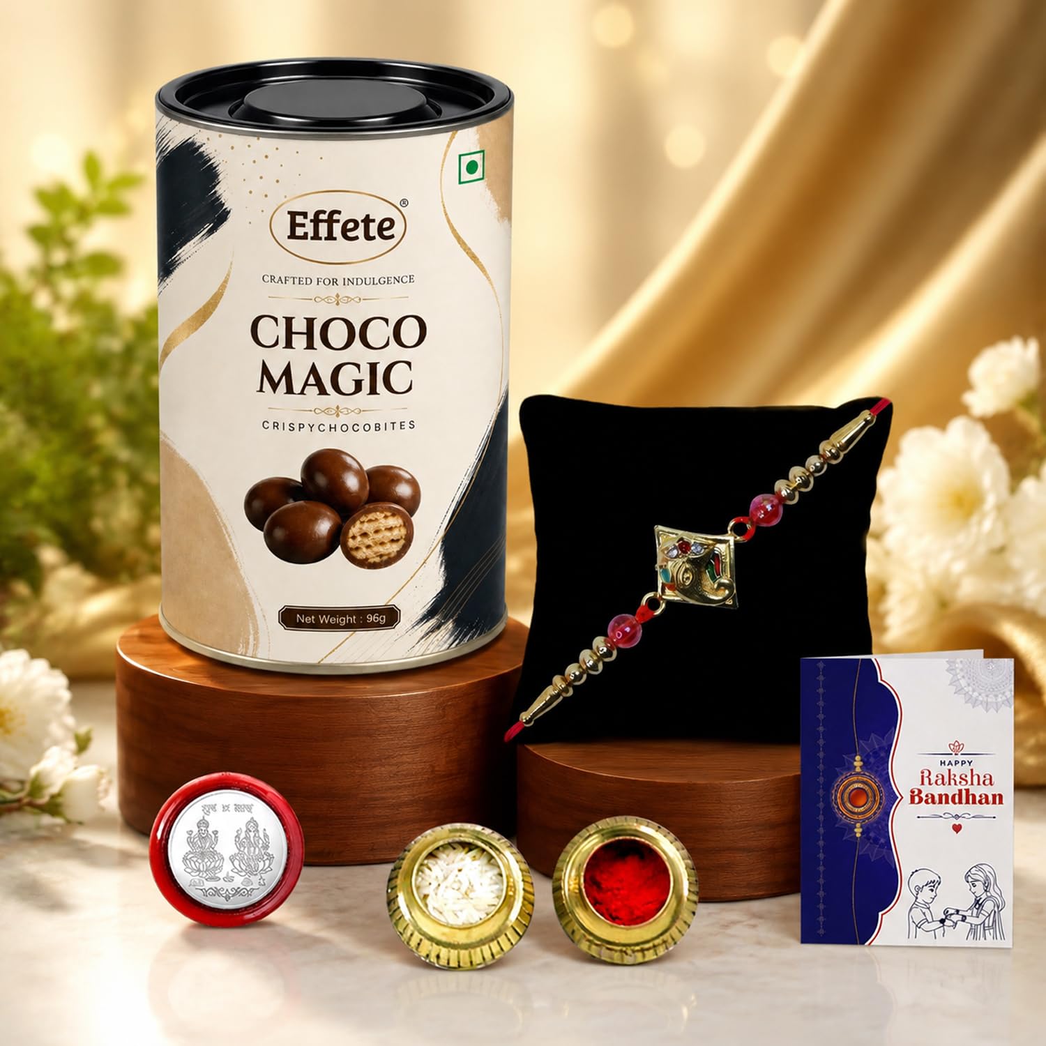 Ganesh Ji Rakhi for Brother with Choco Magic 96gm, Roli Chawal & Card, Pack of 5