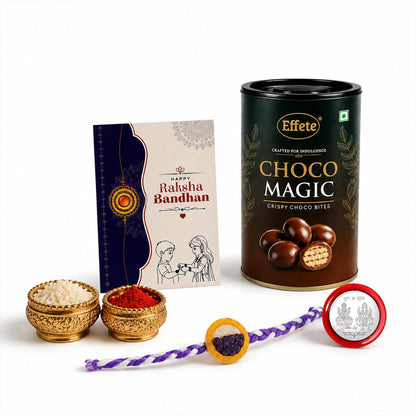 Rakhi with Chocolate for Brother (Set of 5) – Raksha Bandhan Festival Celebration Combo for Bhai with Grapes Style Rakhi, Chocolate, Roli Chawal, Silver Color Pooja Coin & Greeting Card
