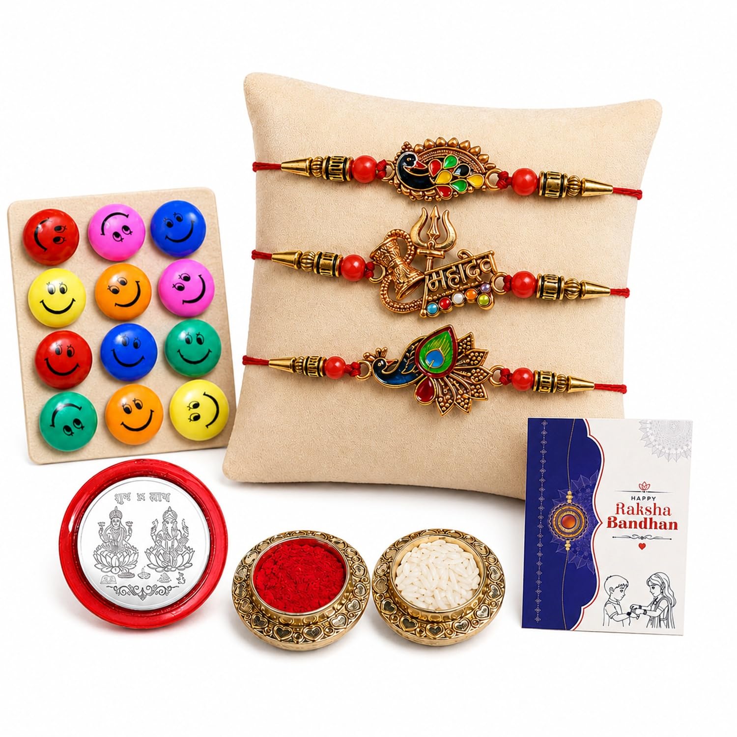 Peacock, Mahadev, Peacock Multicolor Rakhi for Brother & Bhaiya | Pack of 7
