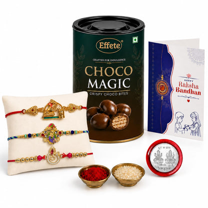 Deity Charm Rakhi for Brother with Choco Magic 96gm, Roli Tikka & Card, Pack of 7