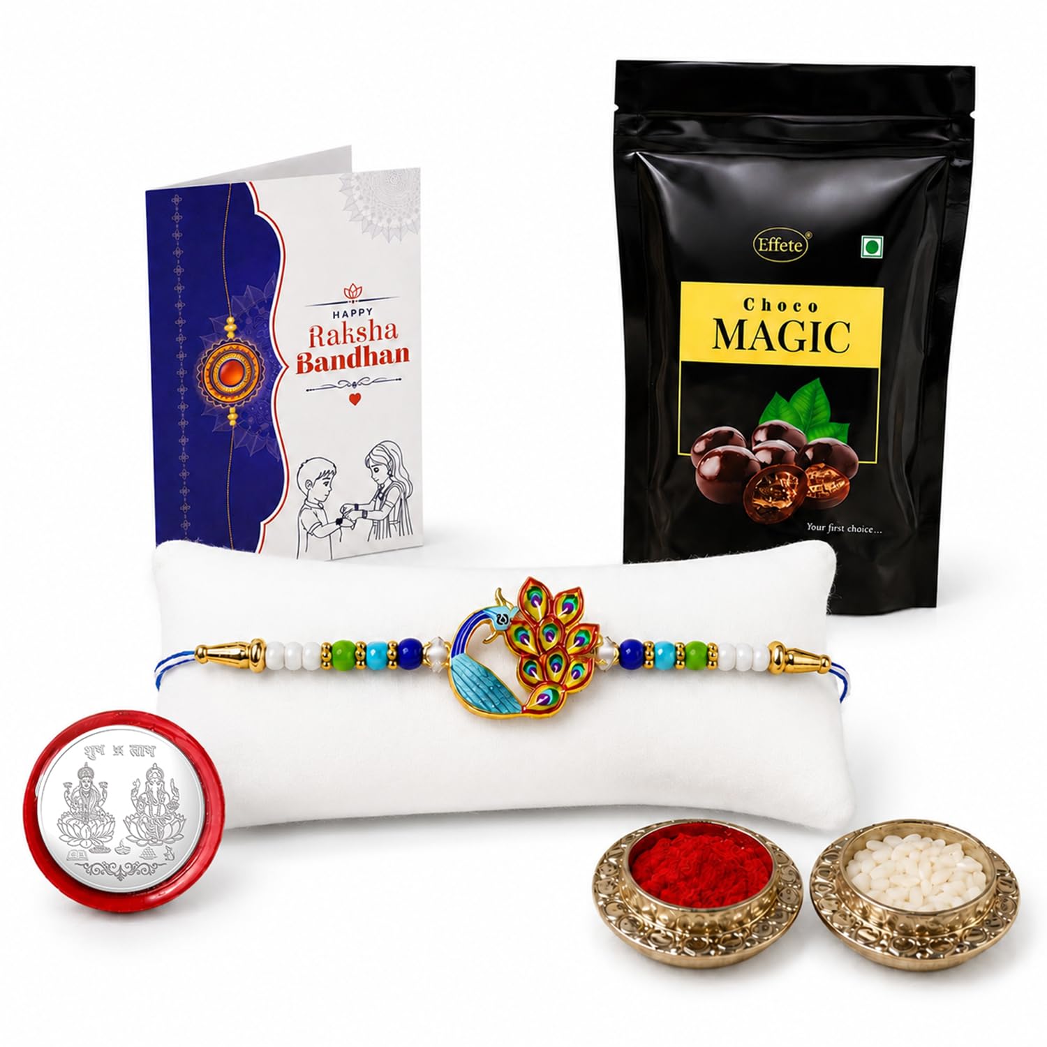 Peacock Rakhi for Brother with Choco Magic Pouch, Roli Tikka & Card | Pack of 5