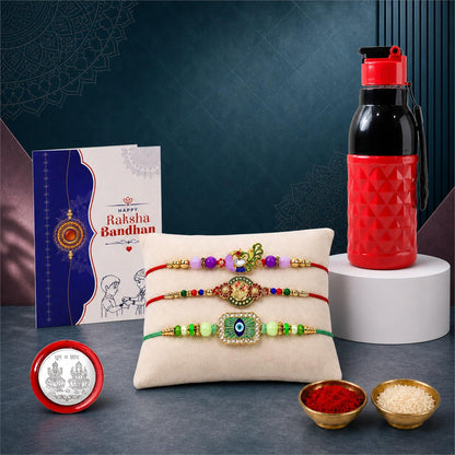 Floral, Evil Eye Rakhi Combo - Raksha Bandhan Gift with Sports Bottle 400ml, Pack of 7