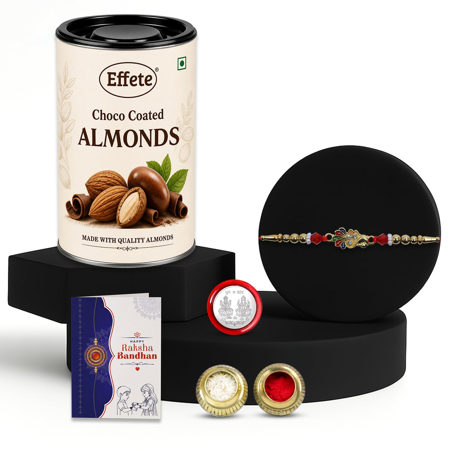 Rakhi with Chocolate for Brother – Raksha Bandhan Combo with Elegant Stylish Rakhi, Chocolate, Roli Chawal, Silver Color Coin & Greeting Card – Traditional Festival Celebration (Set of 5)
