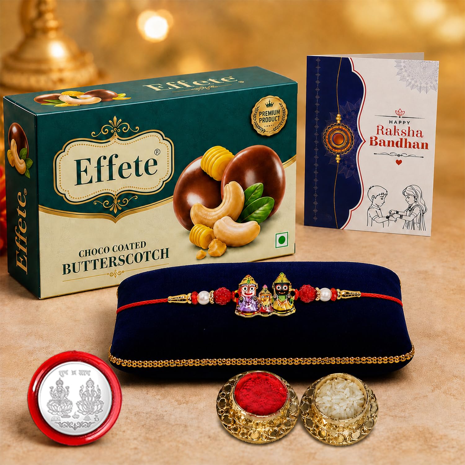 Multicolor Lord Jagannath Rakhi & Chocolate Butter Scotch 32gm with Roli Chawal, Silver Color Pooja Coin & Greeting Card, Rakhi with chocolate, Rakshbandhan Combo, Pack of 5 For Raksha Bandhan