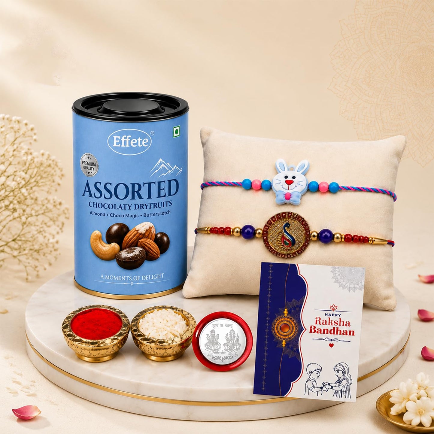Bunny charm Rakhi for Brother with Choco Dryfruits 96gm, Coin & Card, Pack of 6