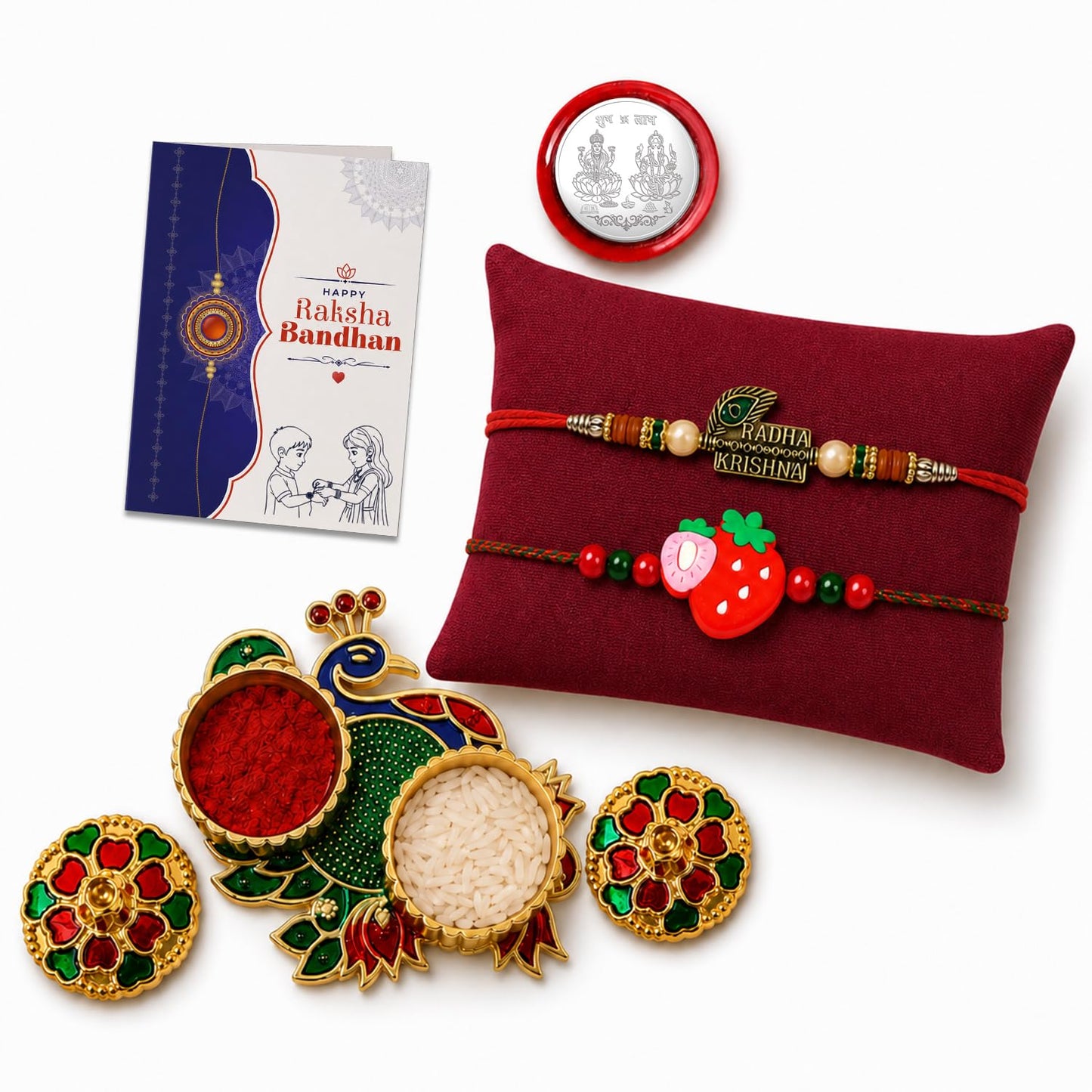 Multicolor Strawberry Bracelet/Rakhi & Peacock Shape Pooja Thali with Silver Color Pooja Coin, Tikka/Tilak Set & Greeting Card, Rakhi Gift Hamper (Pack of 6) For Raksha Bandhan