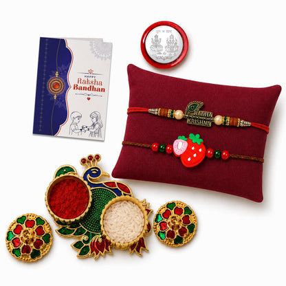 Multicolor Strawberry Bracelet/Rakhi & Peacock Shape Pooja Thali with Silver Color Pooja Coin, Tikka/Tilak Set & Greeting Card, Rakhi Gift Hamper (Pack of 6) For Raksha Bandhan