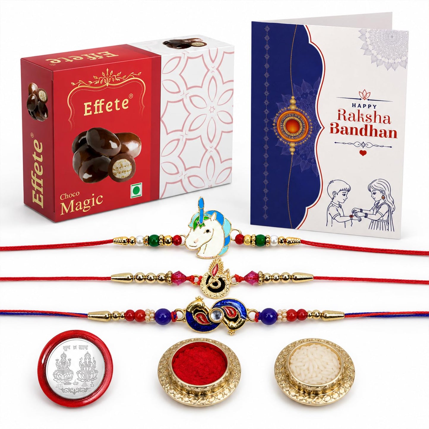 Unicorn Rakhi for Brother with Chocolate Magic 32gm, Roli Tikka & Card, Pack of 7