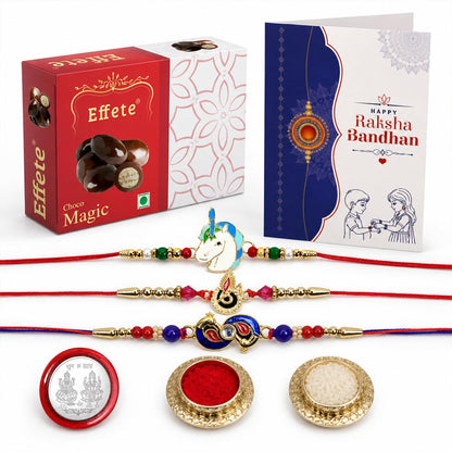 Unicorn Rakhi for Brother with Chocolate Magic 32gm, Roli Tikka & Card, Pack of 7