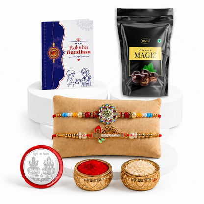 Murli and Flower Rakhi for Brother with Choco Magic Pouch, Coin & Card, Pack of 5