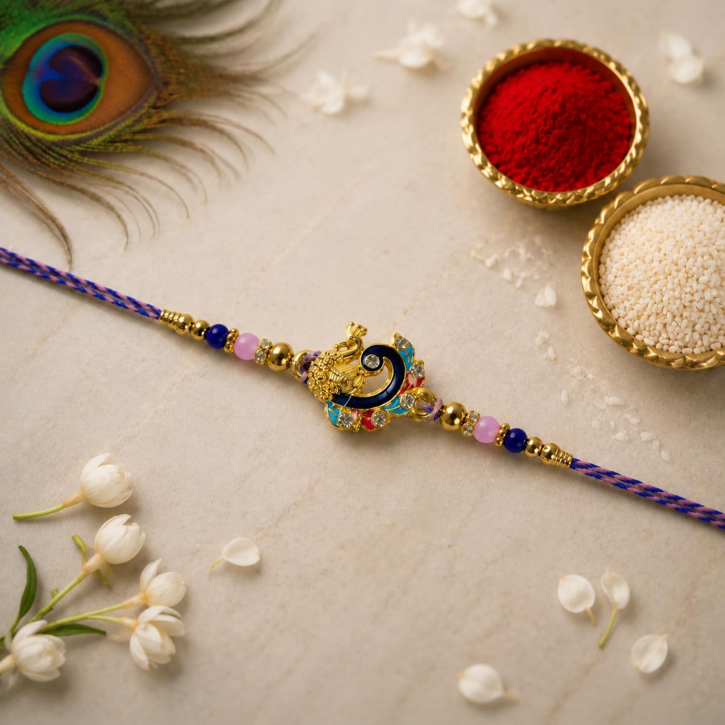 Peacock Rakhi for Brother with Rose Almond - Raksha Bandhan Gift Set, Pack of 7