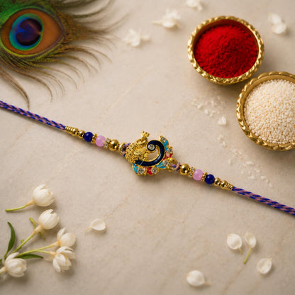 Peacock Rakhi for Brother with Rose Almond - Raksha Bandhan Gift Set, Pack of 7