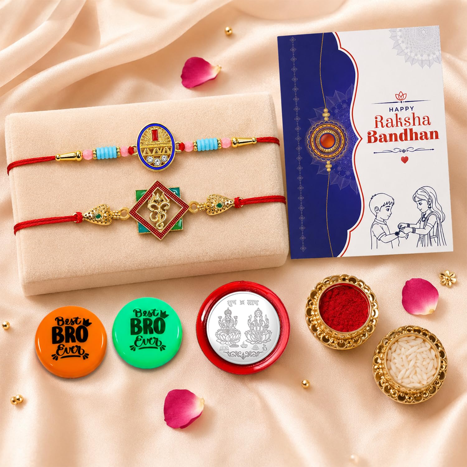 Geometric Motif, Om Multicolor Rakhi Combo with Multicolour | Pack of 7