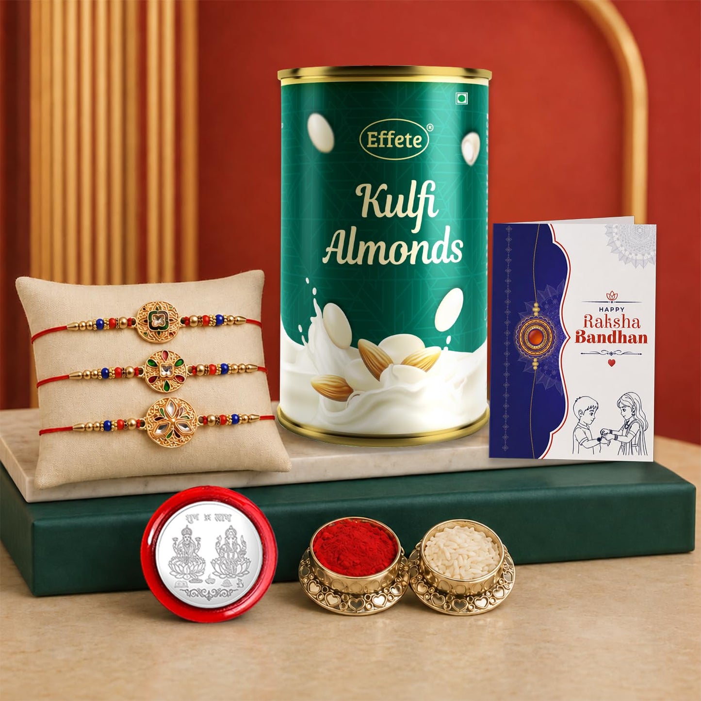 Square Rakhi for Brother with Kulfi Almonds 96gm, Roli Tikka & Card, Pack of 7