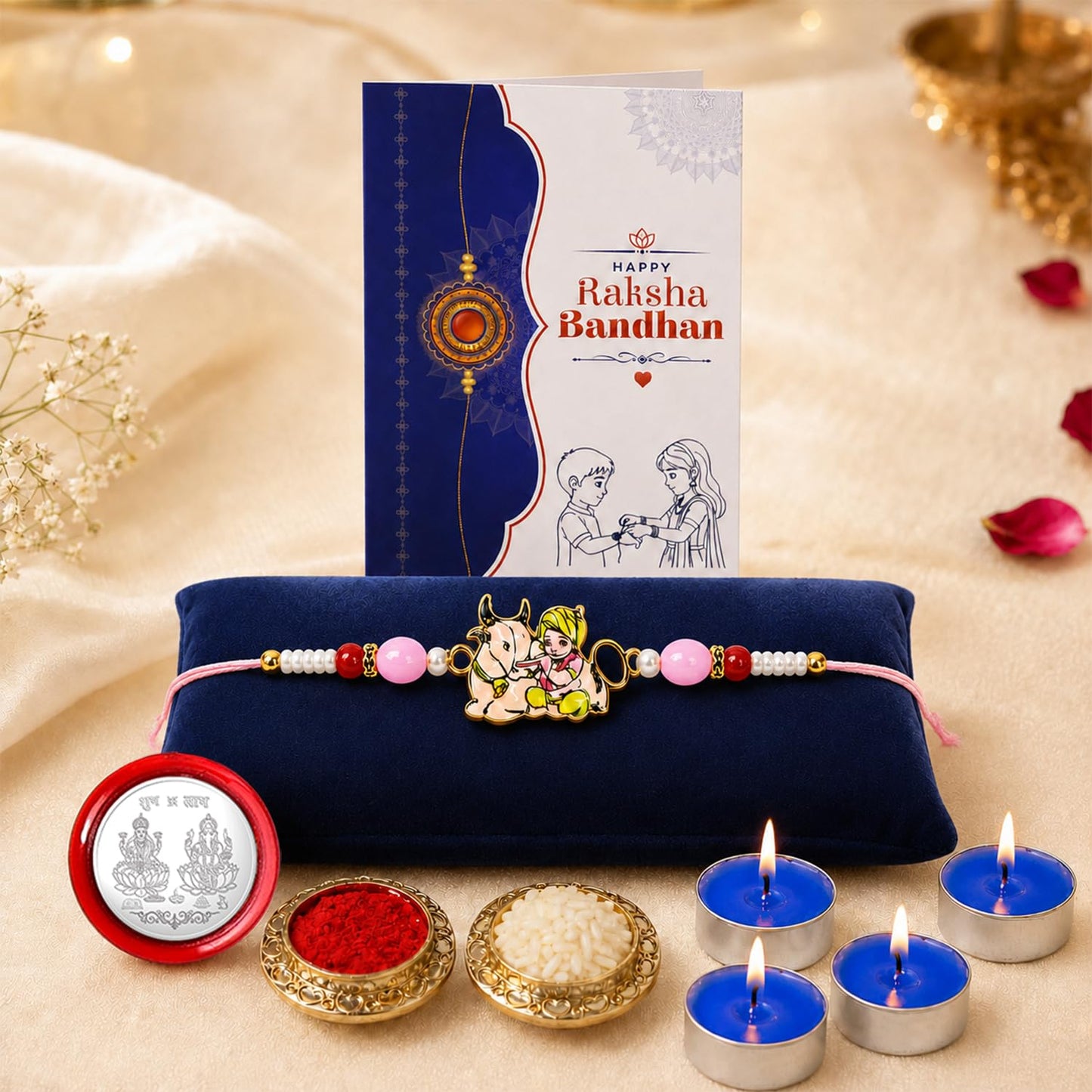 Krishna Rakhi for Brother with Candles 4pcs, Roli Tikka & Card | Pack of 5
