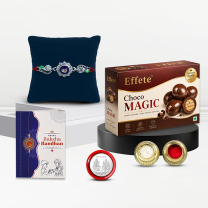 Elegant Stylish Rakhi for Brother with Choco Magic 32gm, Coin & Card, Pack of 5