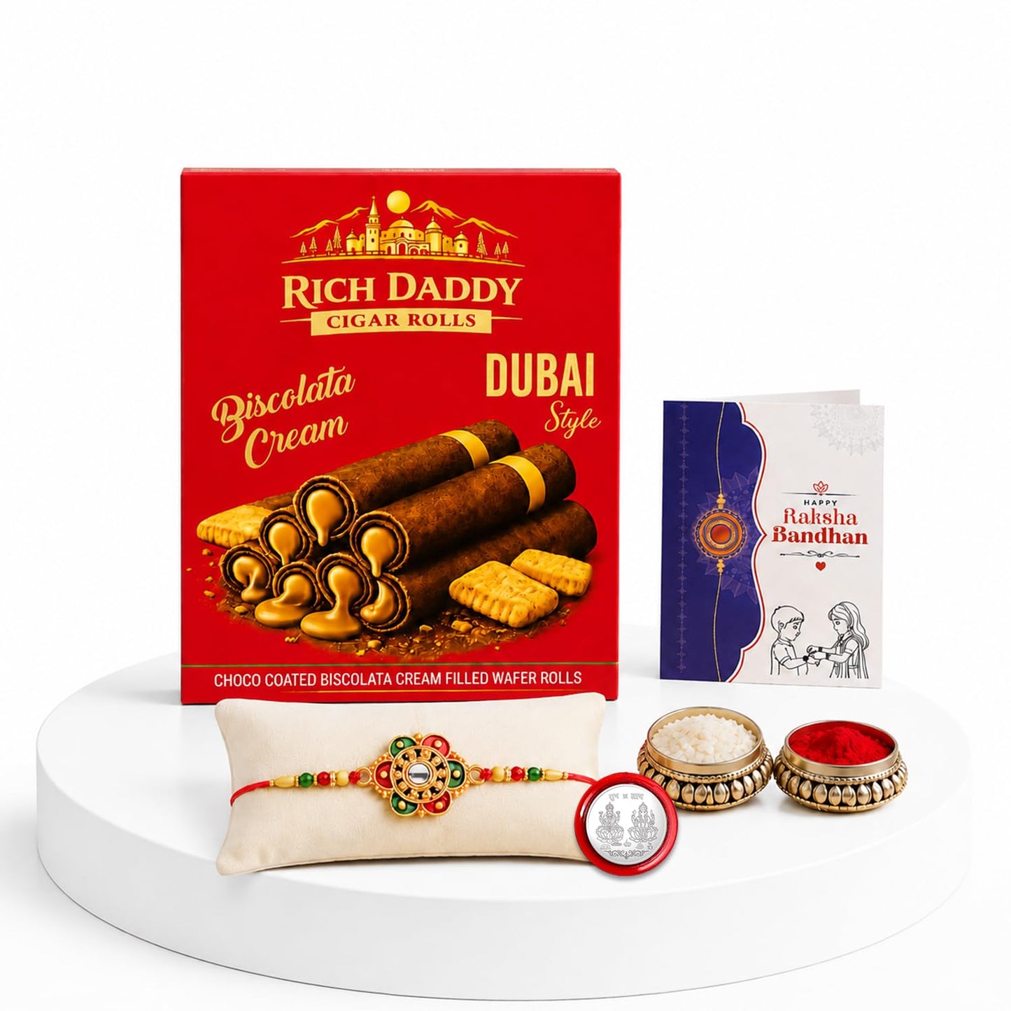 Flower Rakhi for Brother with Biscolata Wafer Rolls, Roli Tikka & Card, Pack of 5