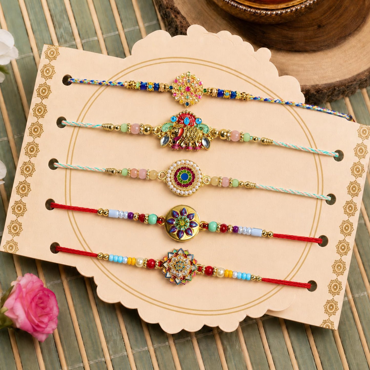 Handcrafted Dazzling Rakhi for Brother with Roli Tikka & Greeting Card, Pack of 8