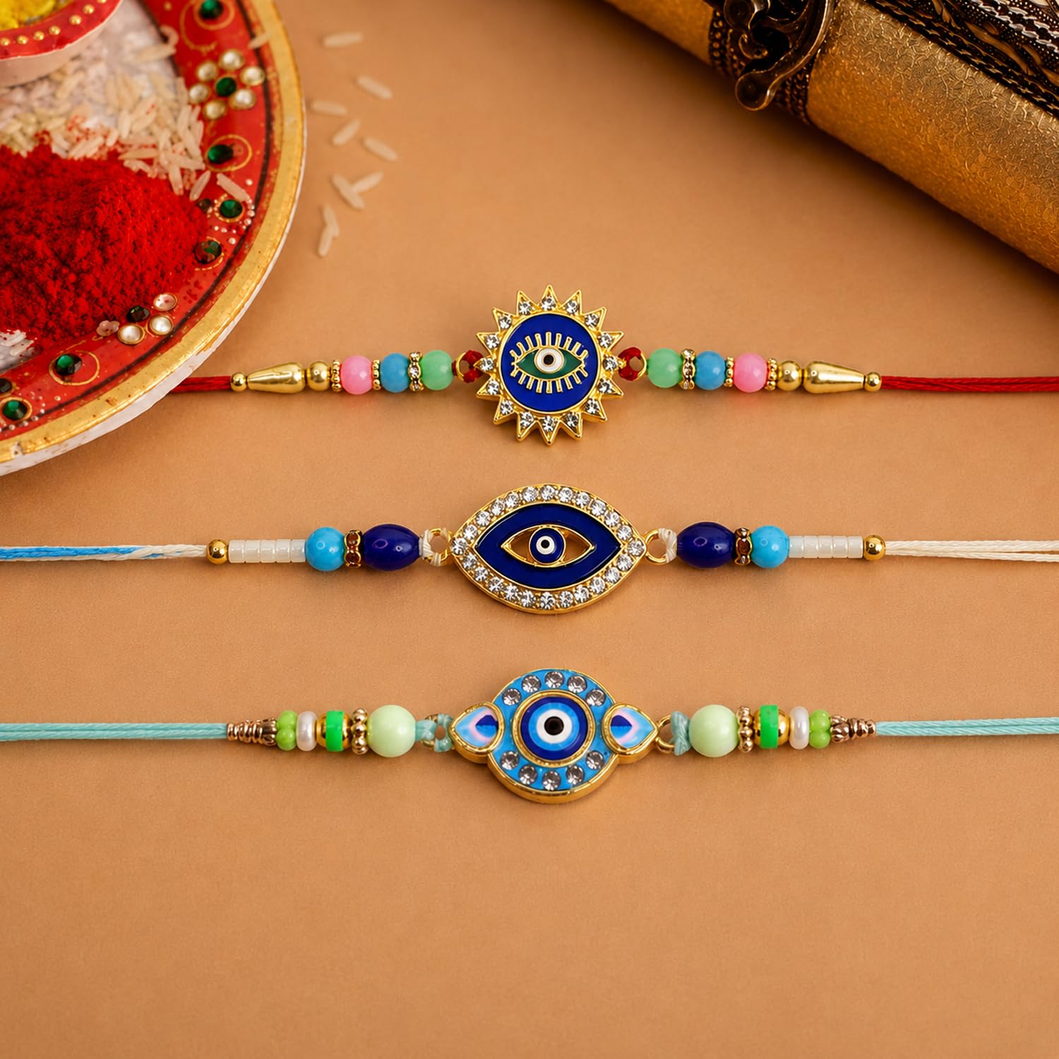 Designer Graceful Multicolor Evil Rakhi for Brother with Roli Tikka, Pack of 6