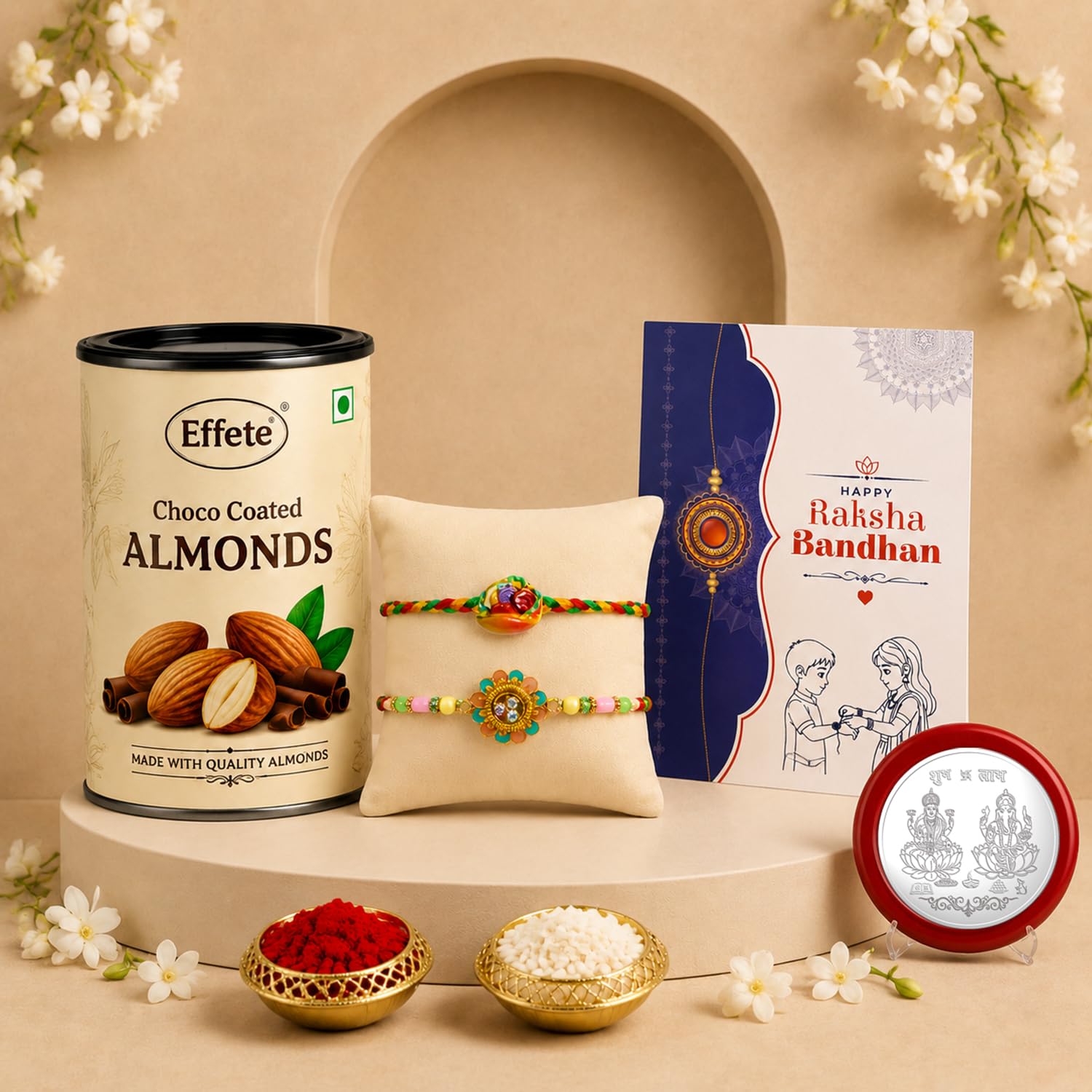 Floral Charm Rakhi for Brother with Choco Almonds 96gm, Coin & Card, Pack of 6