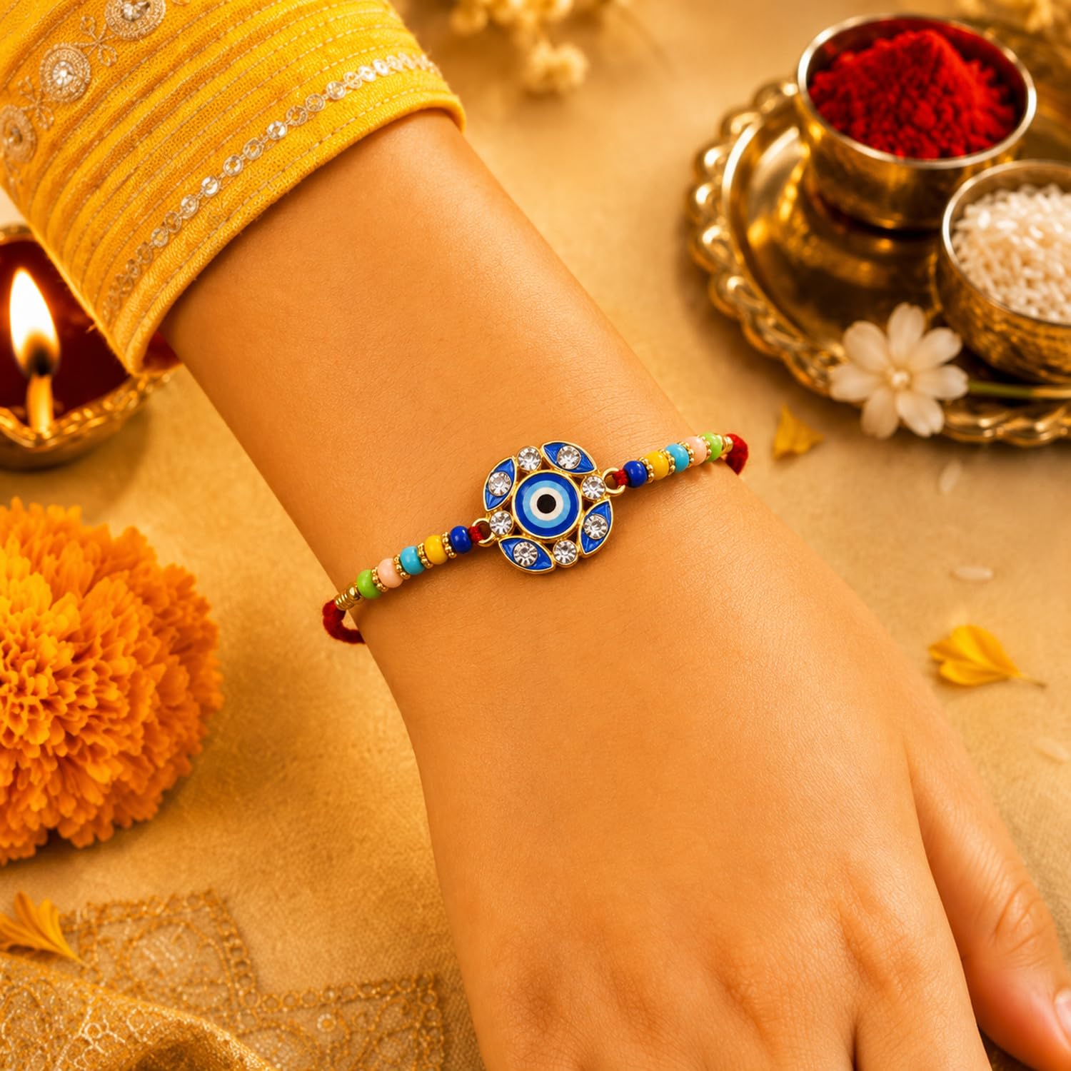 Designer Elegant Rakhi for Brother with Roli Tikka & Card, Pack of 5 | Stylish