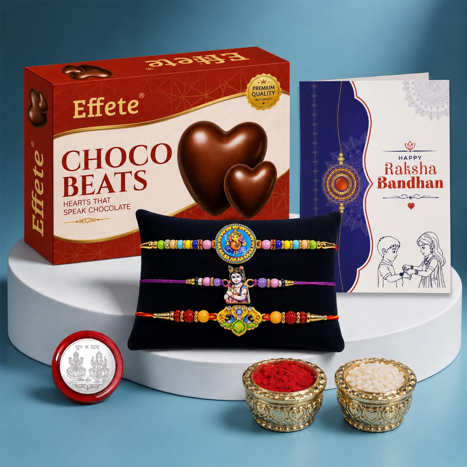 Ganesh, Krishna Rakhi Combo - Raksha Bandhan Gift with Choco Beats 32gm, Pack of 7