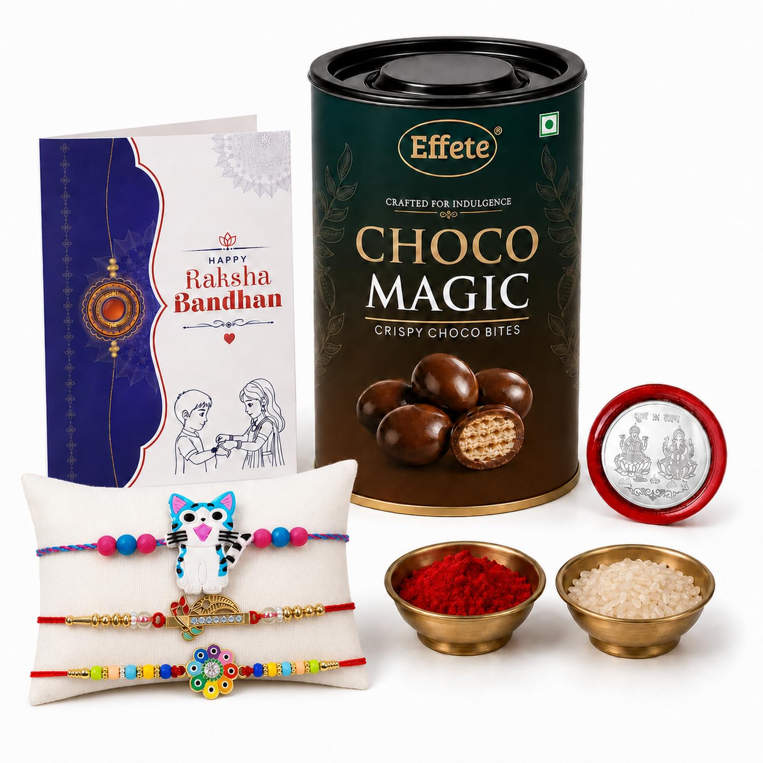 Cat Charm Rakhi for Brother with Choco Magic 96gm, Roli Tikka & Card, Pack of 7