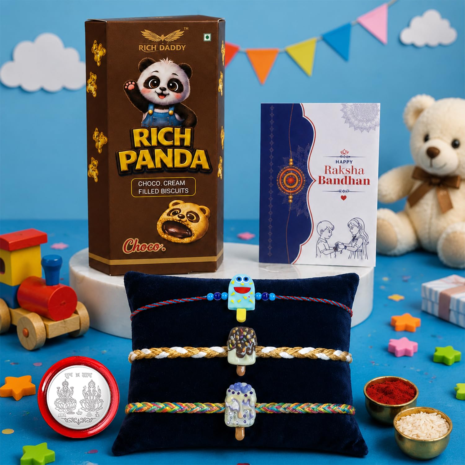 Kids Rakhi for Brother with Biscuit 60gm - Raksha Bandhan Gift Set, Pack of 7