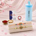 Peacock Flower Rakhi Gift Combo with Kids Water Bottle 400ml