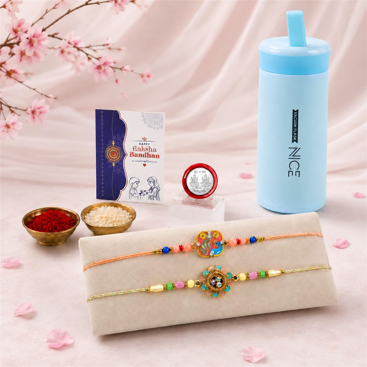 Peacock, Flower Rakhi Combo - Raksha Bandhan Gift with Kids Water Bottle 400ml, Pack of 6