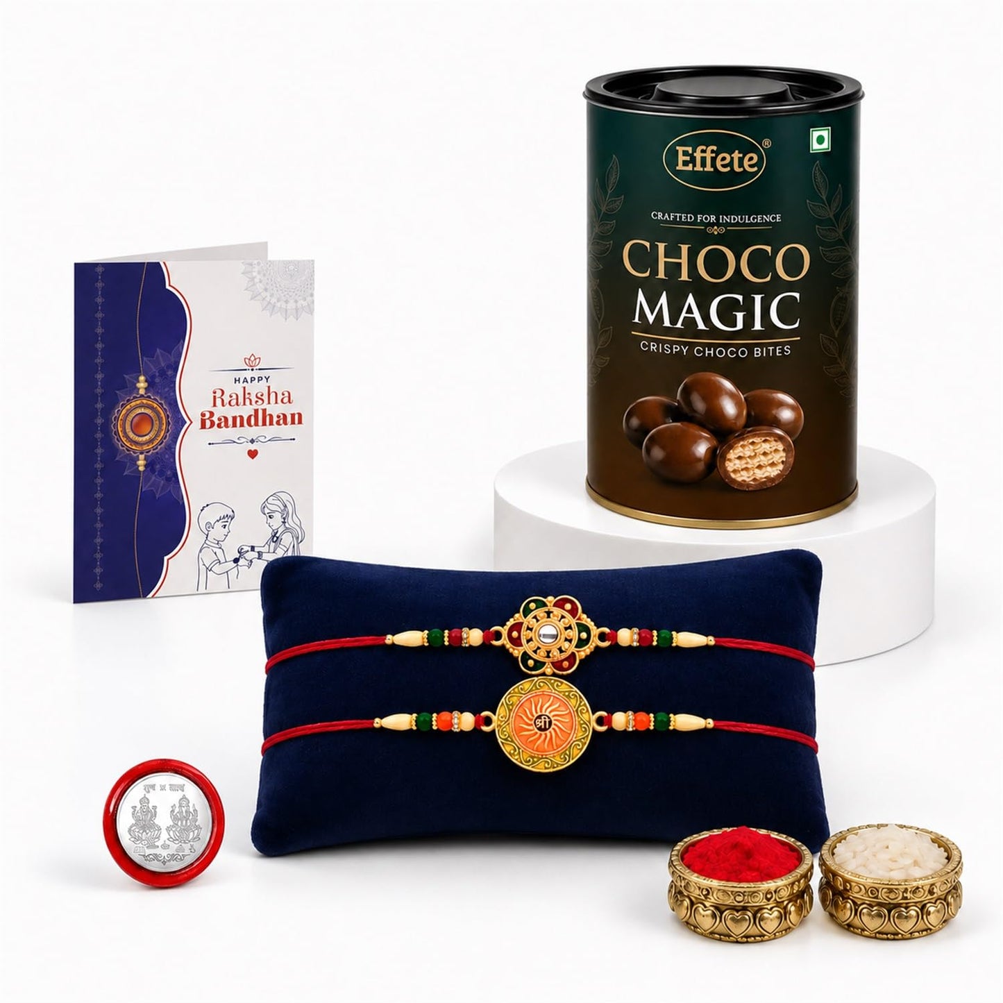 Flower Rakhi for Brother with Chocolate Magic 96gm, Roli Tikka & Card | Pack of 6