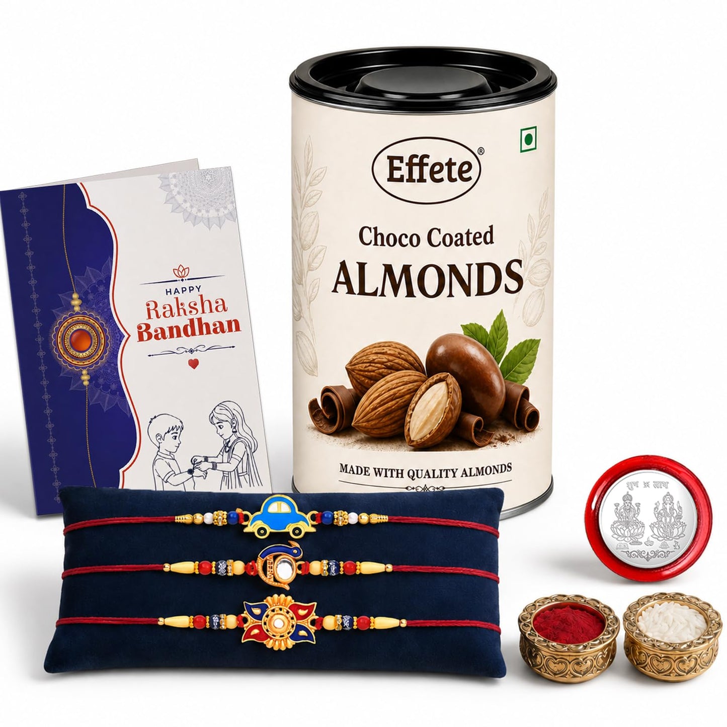 Kids Rakhi for Brother with Chocolate Almonds 96gm, Roli Tikka & Card, Pack of 7
