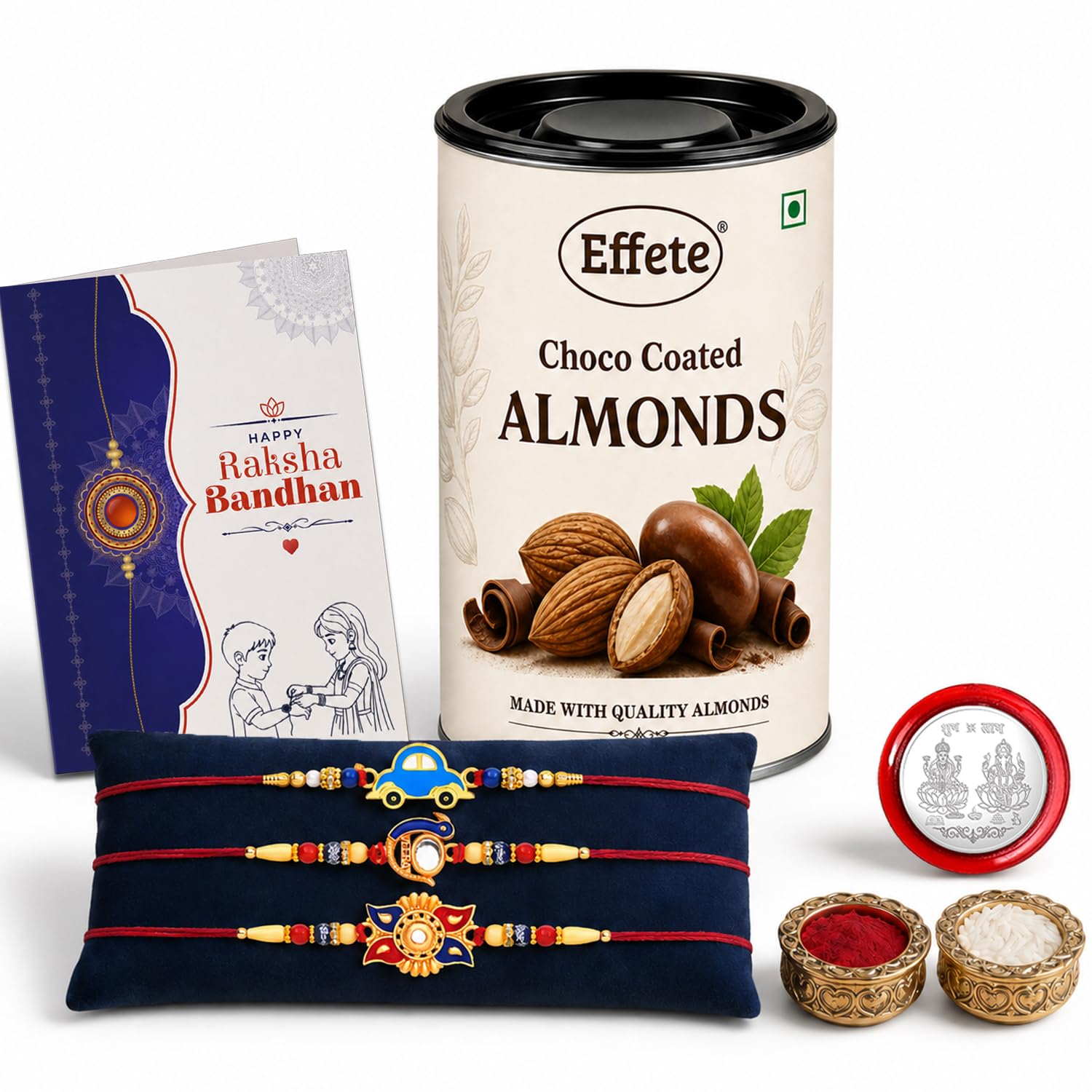 Kids Rakhi for Brother with Chocolate Almonds 96gm, Roli Tikka & Card, Pack of 7