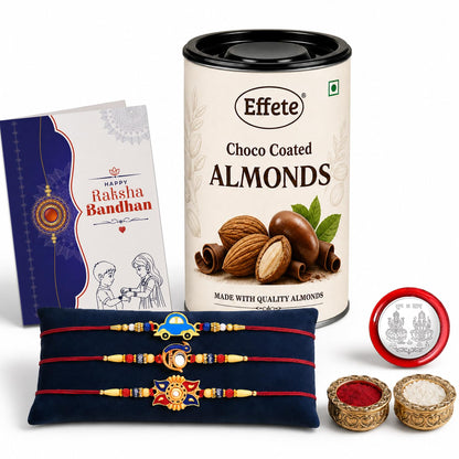 Kids Rakhi for Brother with Chocolate Almonds 96gm, Roli Tikka & Card, Pack of 7