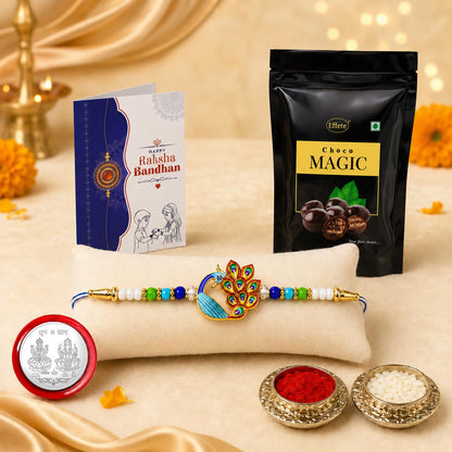 Peacock Rakhi for Brother with Choco Magic Pouch, Roli Tikka & Card | Pack of 5
