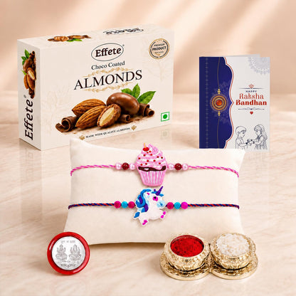 Cupcake Rakhi for Brother with Choco Almonds 32gm, Roli Tikka & Card, Pack of 6
