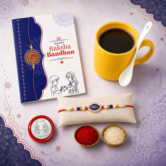 Evil Multicolor Rakhi & Coffee Mug – Raksha Bandhan Gift Combo for Bhai (Pack of 5)