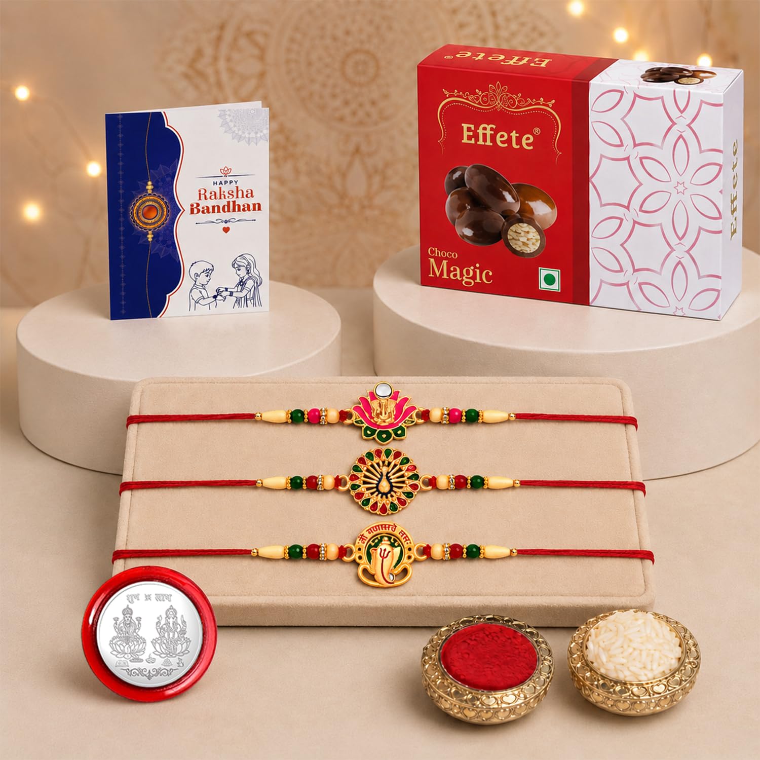 Ganesha Rakhi for Brother with Chocolate Magic 32gm, Roli Tikka & Card, Pack of 7