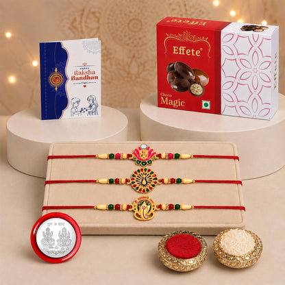 Ganesha Rakhi for Brother with Chocolate Magic 32gm, Roli Tikka & Card, Pack of 7
