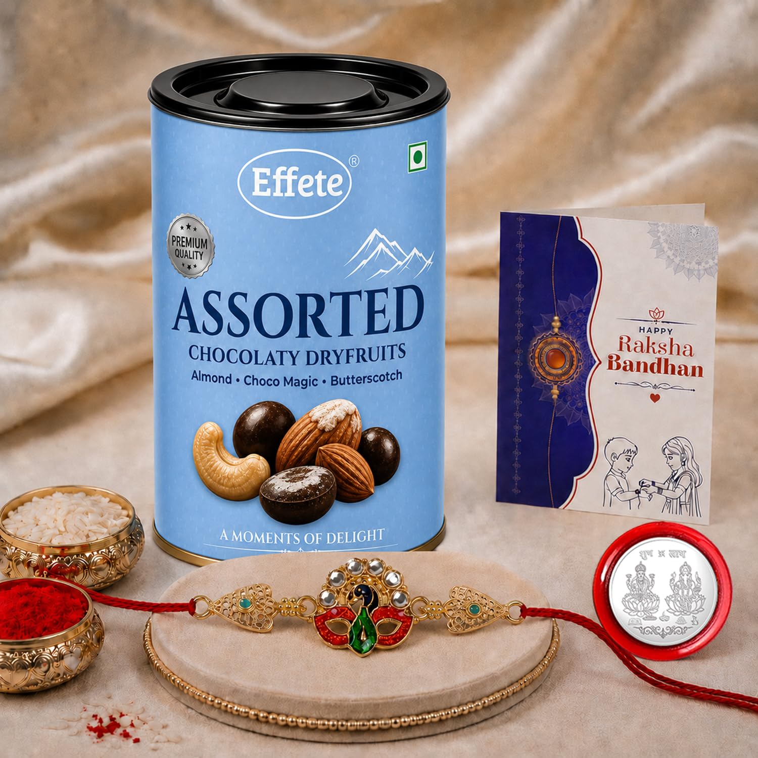 Rakhi with Chocolate for Brother – Raksha Bandhan Combo with Stylish Mor Design Rakhi, Chocolate, Roli Chawal, Silver Color Coin & Greeting Card – Traditional Festival Celebration (Set of 5)