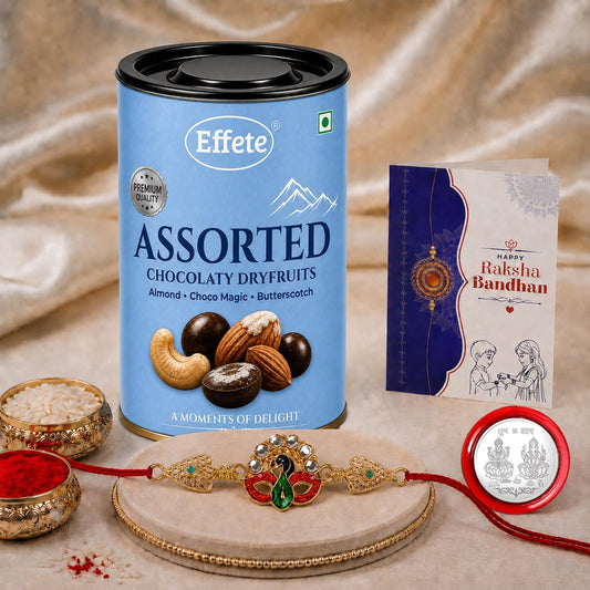 Stylish Mor Rakhi for Brother with Choco Dryfruits 96gm, Coin & Card, Pack of 5