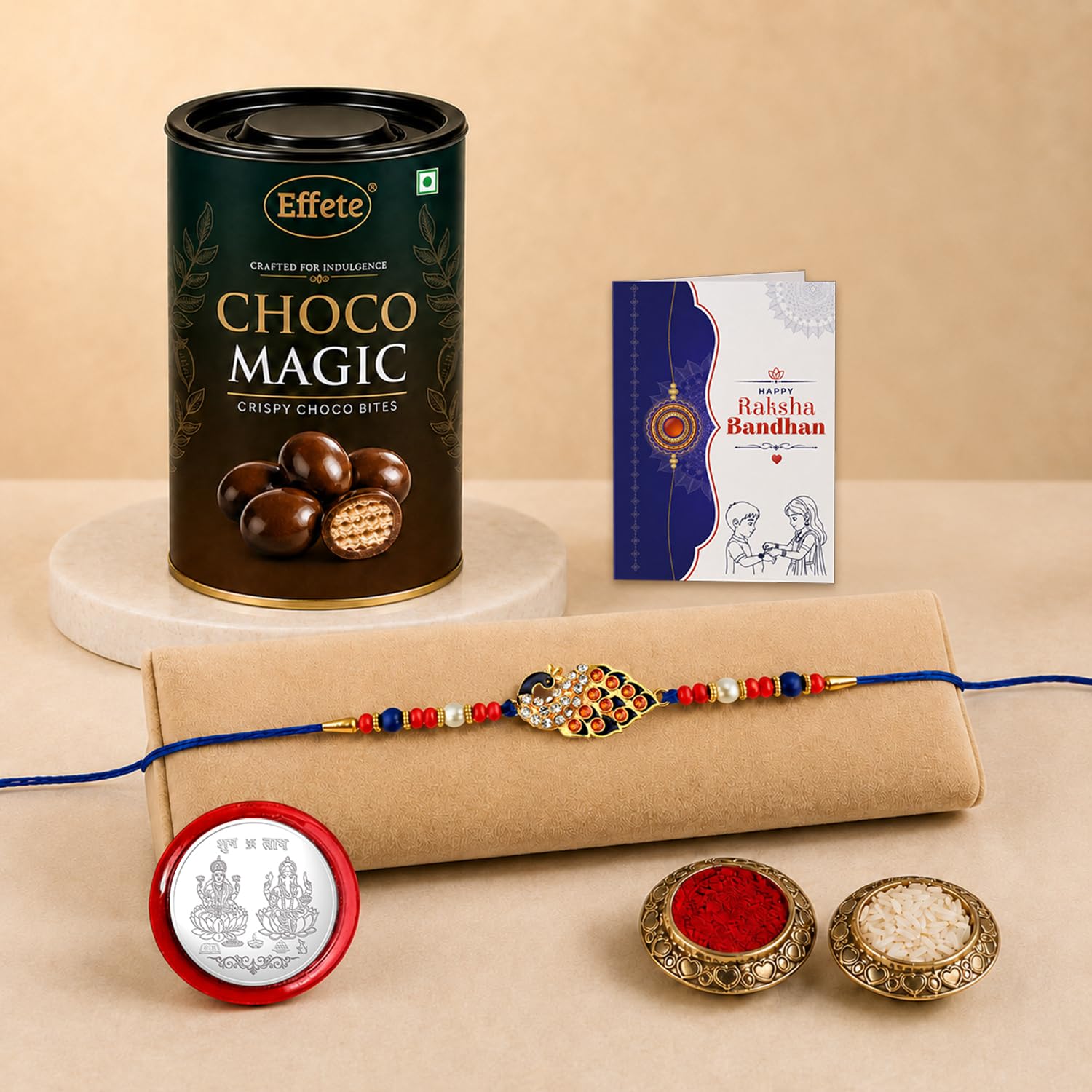 Peacock Rakhi for Brother with Chocolate Magic 96gm, Roli Tikka & Card, Pack of 5
